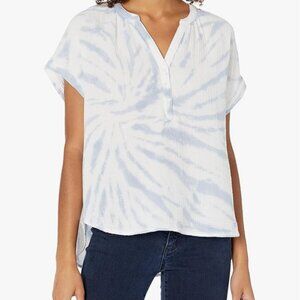 Lucky Brand Blue & White Tie Dye Linen Feel 100% Cotton Short Sleeve Tunic Tee